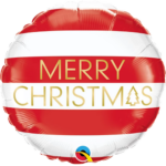 Ballon rond rouge et blanc écriture "Merry Christmas" dorée.