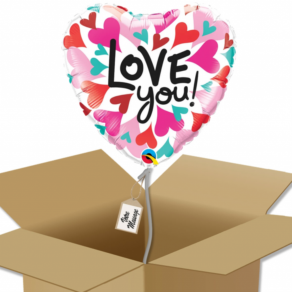 Ballon coeur Rose Rouge écriture I Love You dans sa boîte.