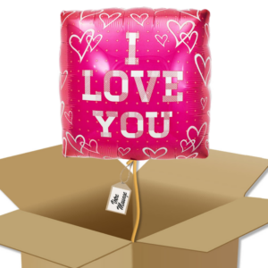 Ballon Carré I Love you rose dans sa boîte.