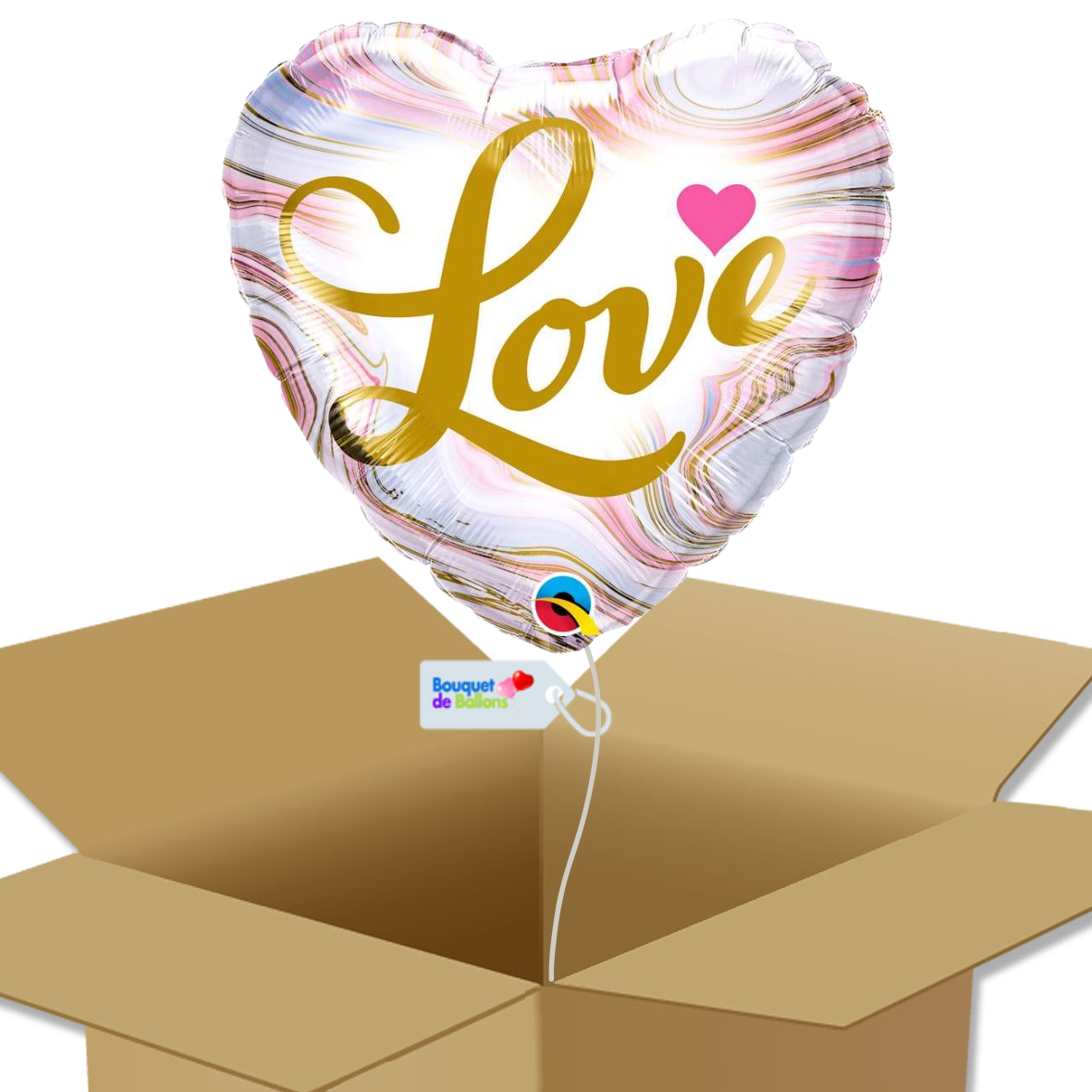 Ballons dorés mats en forme de cœur attachés à une boîte cadeau