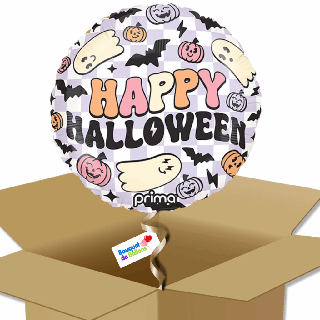 Ballon Halloween violet « Happy Halloween » – fantômes et citrouilles funky - Box