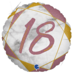 Round white birthday balloon with pink '18' in brush script and gold geometric accents on a black background.