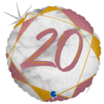 Round foil balloon with pink '20' script on a white marbled center and orange geometric lines for a birthday celebration.