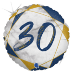 Round metallic balloon with a blue '30' and blue-gold geometric accents for a 30th celebration.