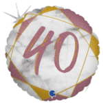 Round celebratory balloon featuring a pink '40' brushstroke number on a white marbled surface with gold/purple geometric accents against a black background, suggesting a 40th birthday.