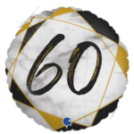 Round metallic balloon with the number 60 in black brush script on a white marble-like background with gold geometric lines.