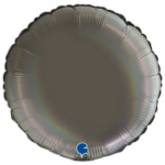 Round silver foil balloon on a black background with a small blue logo near the bottom edge.