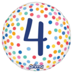 Round celebration balloon with a bold dark-blue number 4 on white background, surrounded by colorful confetti and a black backdrop (Prima branding at bottom).