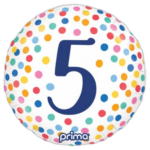 Round birthday balloon with a bold blue number 5 and multicolored confetti on a black background; Prima logo at the bottom.