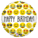 Round birthday balloon with 'HAPPY BIRTHDAY!' text and numerous yellow emoji faces on a black background