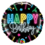 Neon-style round birthday balloon with glowing letters spelling 'HAPPY' and elegant cursive 'Birthday' on a black background, surrounded by colorful lights, stars, and confetti