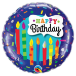 Round blue birthday balloon with multicolored candles, confetti, and a white label reading 'Happy Birthday' in bright, playful letters.