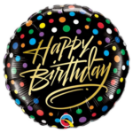 Black birthday balloon with colorful confetti and gold 'Happy Birthday' script, festive celebration mood