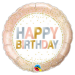 Round pink-and-white birthday balloon with gold confetti and a centered 'HAPPY BIRTHDAY' message on a white circle, black background