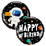 Cartoon astronaut balloon holding a yellow 'YAY' sign beside a large 'HAPPY BIRTHDAY' space-themed balloon on a black background.