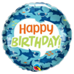 Round blue birthday balloon with playful sharks surrounding a white speech bubble that reads 'Happy Birthday!' in orange and lime.