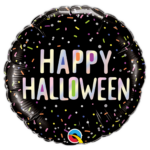 Black round foil balloon with colorful confetti and the gradient text 'HAPPY HALLOWEEN' to convey a festive Halloween message.