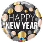 Round foil balloon with the message 'HAPPY NEW YEAR' in white letters on a black background, adorned with gold and peach dots and confetti.