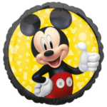 Round balloon featuring Mickey Mouse giving a thumbs up against a bright yellow geometric background.