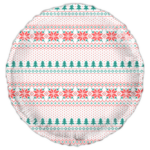 Round Christmas ornament featuring a knitted Nordic pattern in red, teal trees and diamonds on a white background.