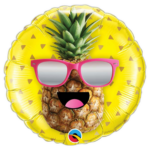 Cheerful pineapple wearing pink sunglasses, positioned in front of a bright yellow inflatable ring against a black background.