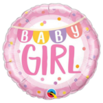 Pink round balloon with the words 'BABY GIRL' in colorful letters and confetti patterns, set against a black background.