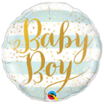 Round foil balloon with 'Baby Boy' in gold script on blue-and-white striped background with gold confetti dots, small emblem at bottom.