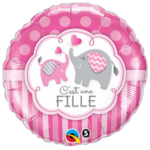Round pink birthday balloon with two elephants and the French phrase 'C'est une Fille'.] }{