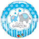 Blue round baby shower balloon with two dancing elephants, text reads "C'est un GARÇON" to announce a boy