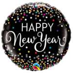 Black round foil balloon with colorful confetti and 'Happy New Year' in white script on a dark background.