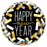 Round black balloon with 'HAPPY NEW YEAR' in white letters and gold-white confetti around the edge.
