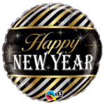Round black celebration balloon with gold diagonal stripes, sparkling stars, and the text 'Happy New Year' in gold and white script.