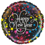Black round balloon with colorful starbursts and the white script 'Happy New Year' in the center, festive celebration theme.