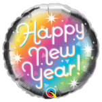 Round metallic balloon with a rainbow gradient and the neon text 'Happy New Year!'