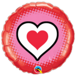 Valentine's Day balloon featuring a large white heart outline with a red heart center on a pink circular background with dotted pattern and a black backdrop.