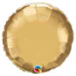 Gold round foil balloon against a black background, with a small colorful logo near the bottom.