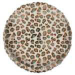 Round beige disc with brown and turquoise leopard spots on a black background (leopard print pattern). Use as decorative plate/cushion.