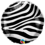 Zebra-striped spherical balloon against a black background with a small multicolor logo near the bottom edge.