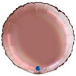 Rose-gold round foil balloon on a black background, with a small blue logo at the bottom.
