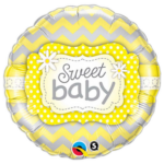 Round decorative balloon with yellow chevron and polka-dot frame, featuring a white label that says “Sweet baby”.