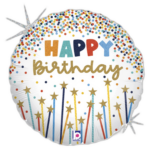 Round birthday balloon with multicolored confetti border and the words 'Happy Birthday' in bright letters, gold stars at the bottom, on a black background.
