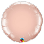 Round pink metallic balloon on a black background with a small colorful logo at the bottom edge.
