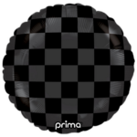 Round black checkerboard balloon with glossy highlights and a small 'prima' logo at the bottom.