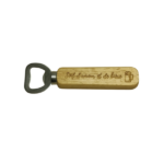 Wooden-handled beer bottle opener with a metal cap lifter and engraved text along the handle.