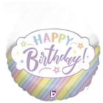 Round pastel rainbow birthday balloon with 'Happy Birthday!' in decorative purple script, on a dark background.