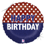 Round birthday balloon with red polka-dot top and blue striped bottom, displaying 'HAPPY BIRTHDAY' text.