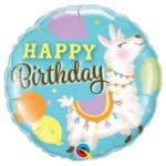 Circular birthday balloon with a smiling llama and 'Happy Birthday' text on a turquoise background, festive decorations included.
