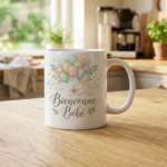 White mug with pastel balloon bouquet and 'Bienvenue Bébé' message on a wooden kitchen table.