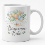 White mug with a pastel balloon bouquet and floral accents, saying 'Bienvenue Bébé' in cursive.