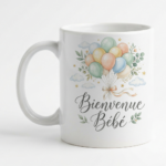 White ceramic mug featuring a pastel balloon bouquet with a ribbon and the French greeting 'Bienvenue Bébé'.